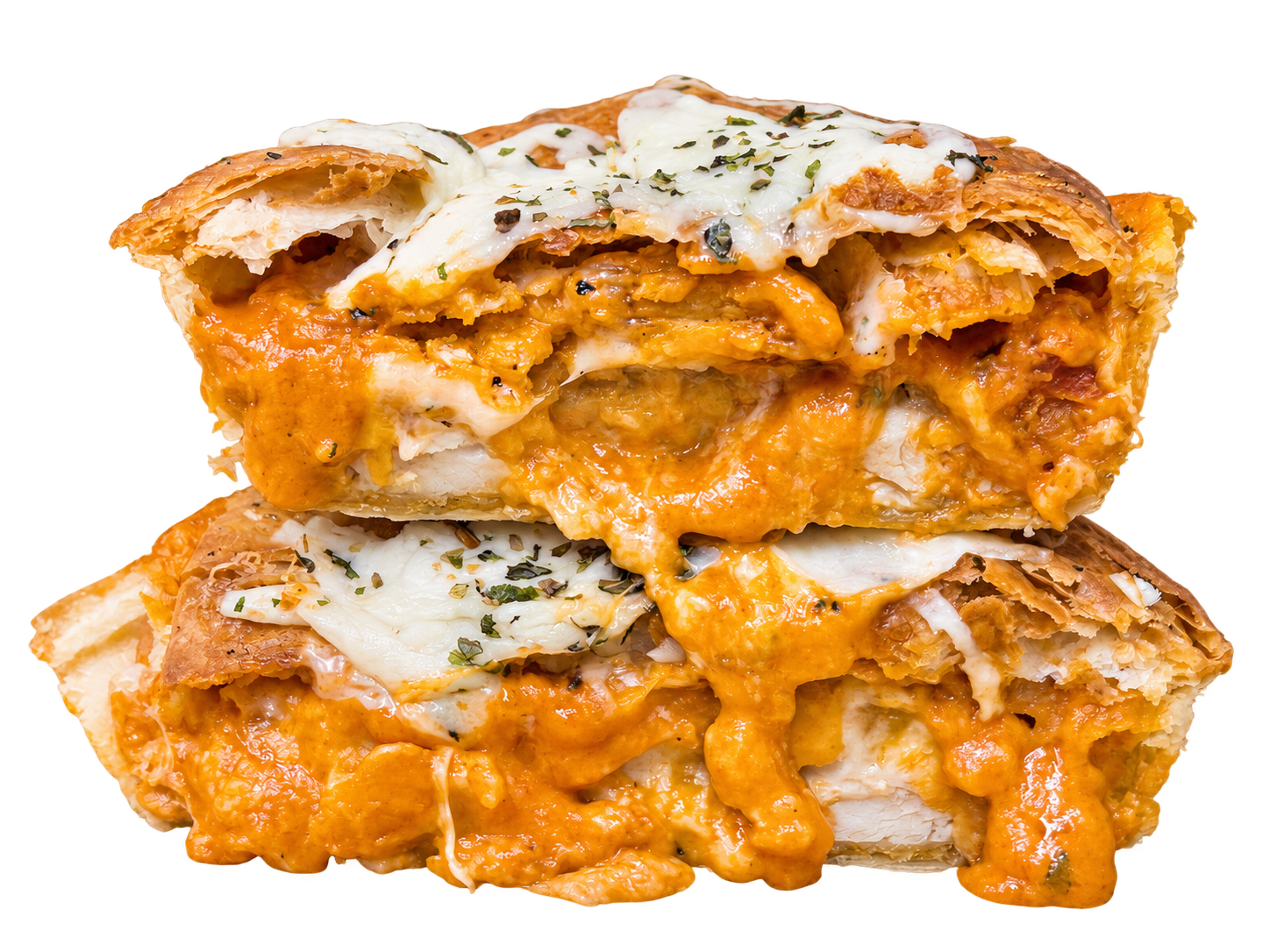 Chicken Vodka Parm pie cut in half with chicken tenders, vodka cream sauce, and melted mozzarella